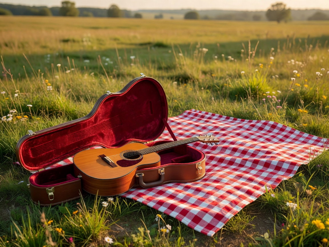 An acoustic guitar resting safely in its case beside a picnic blanket