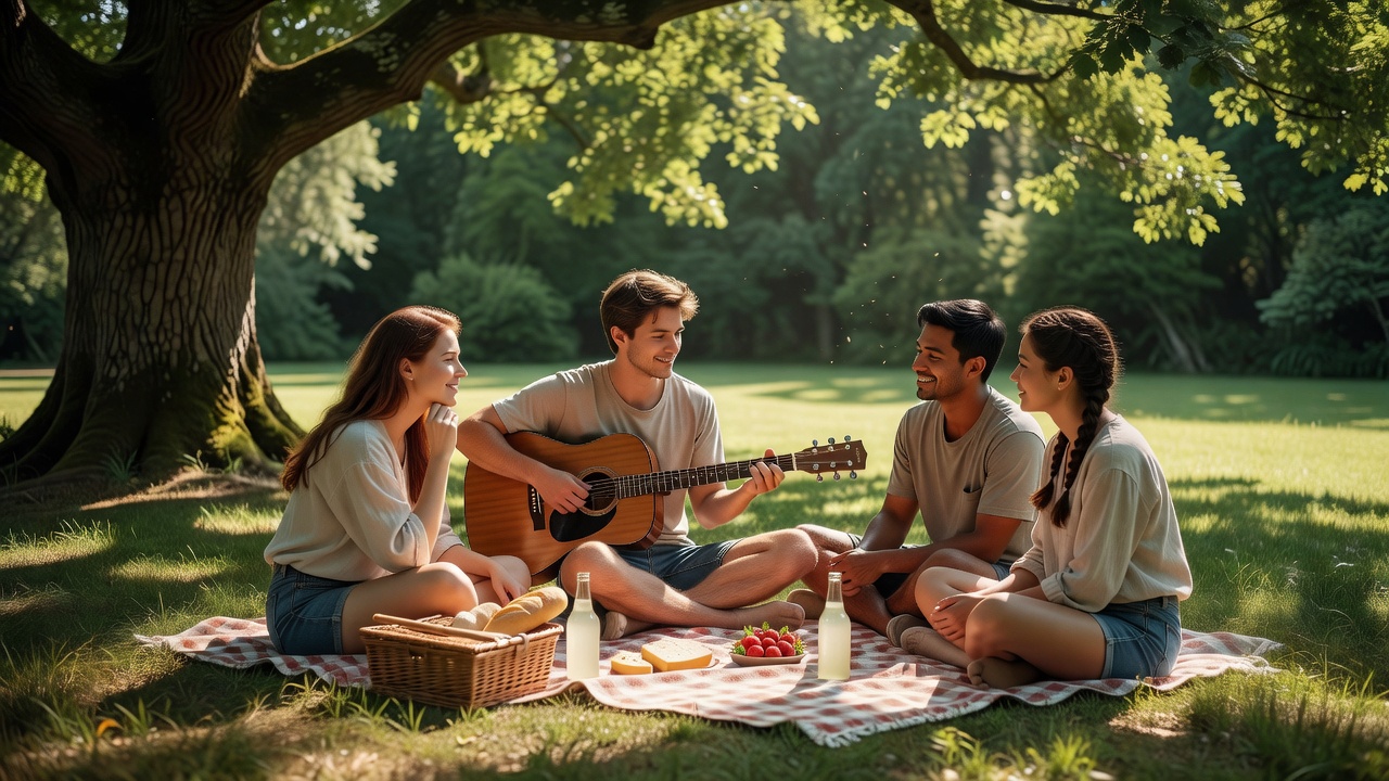 Friends listening to a softly played acoustic guitar in a shaded picnic spot