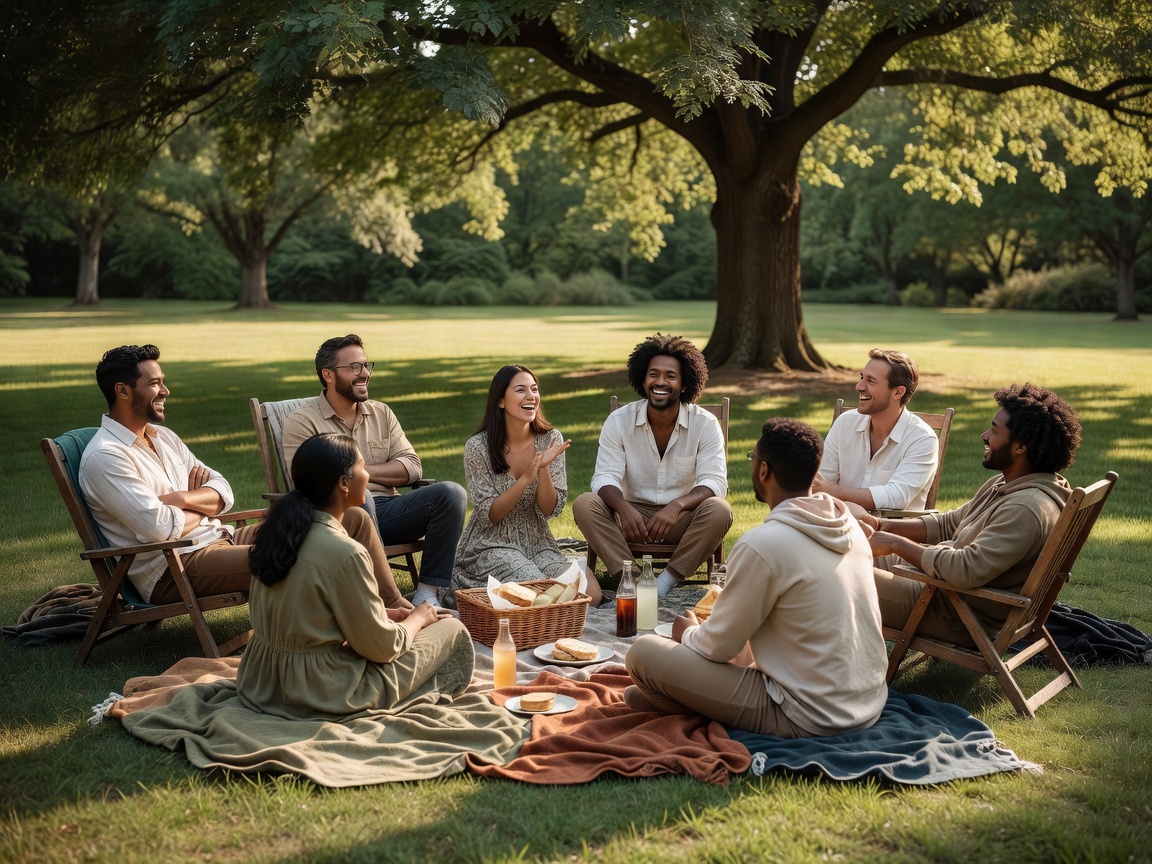 Friends chatting from a mix of chairs and blankets in a shaded picnic area