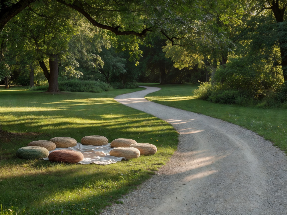 Low picnic seating beside a clear park path under leafy shade