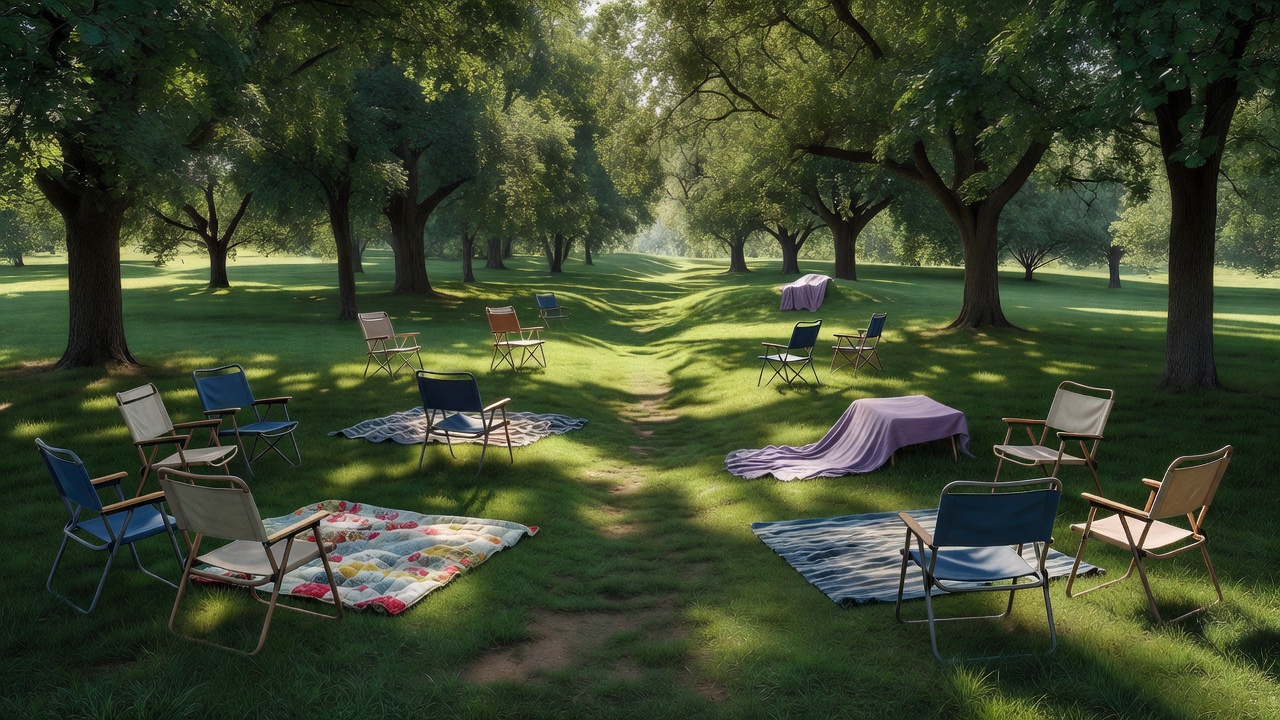 Backed folding chairs and picnic blankets arranged in a shaded grassy area with an open route