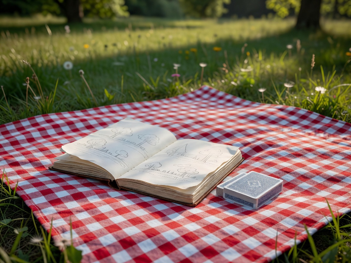 A sketchbook and a small pack of playing cards on a picnic blanket
