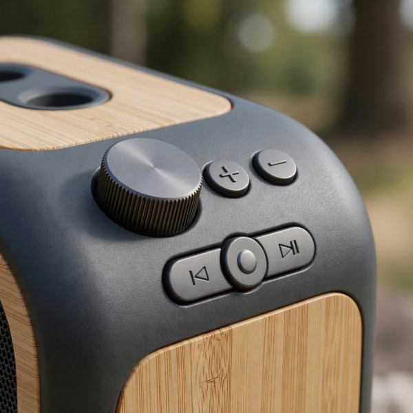 Physical volume and playback controls on a compact portable picnic speaker