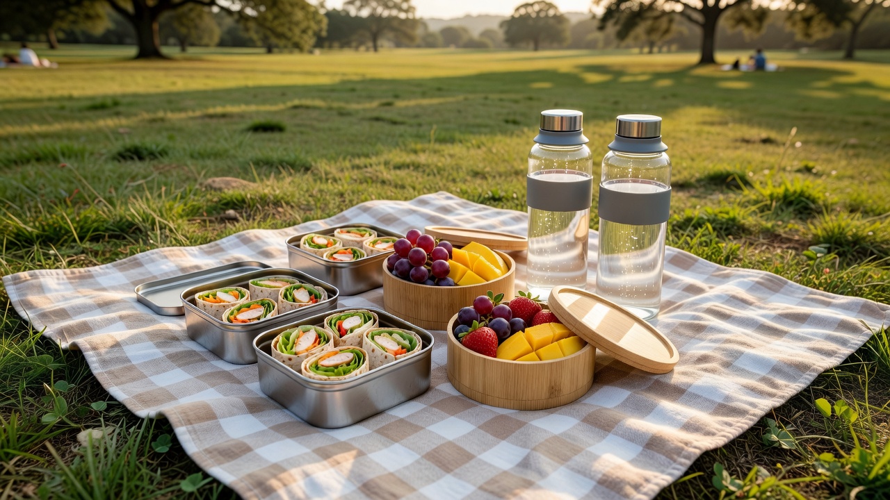 A picnic spread of wraps, fruit and drinking water in reusable containers