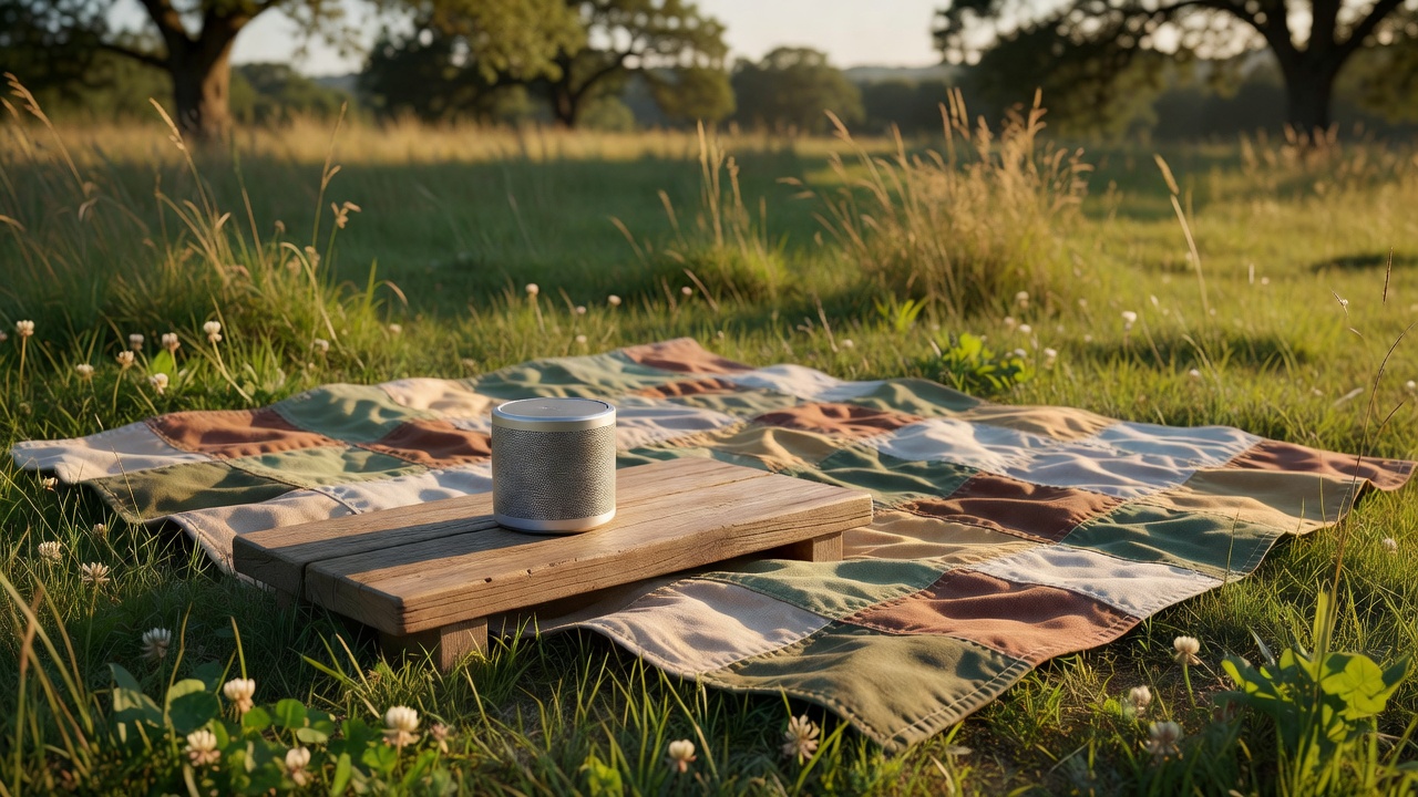 A small portable speaker on a stable low surface beside a picnic blanket